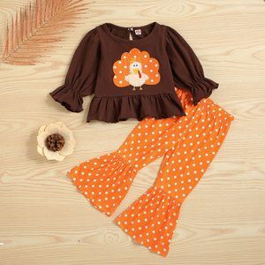 Thanksgiving Turkey Polka Dot Print Bell Bottom Outfit Set 4T